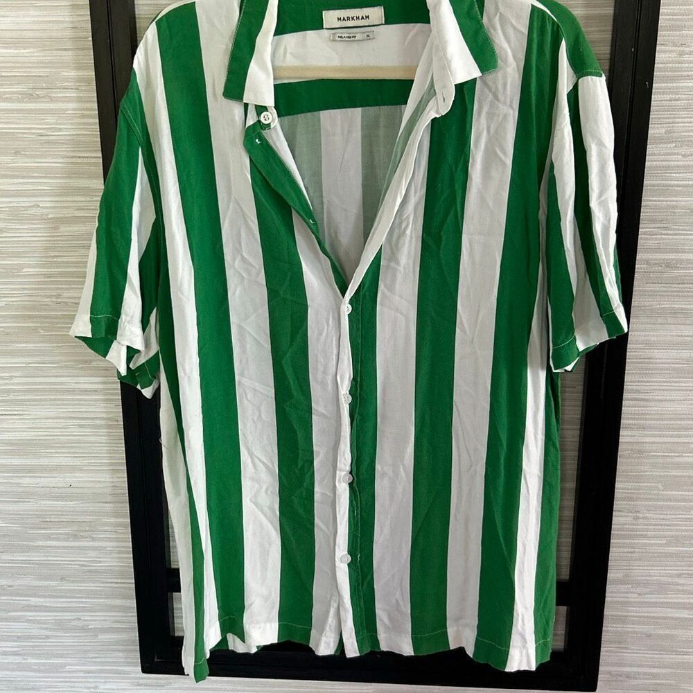 Markham green and white wide stripe relaxed fit short sleeve men button down vis